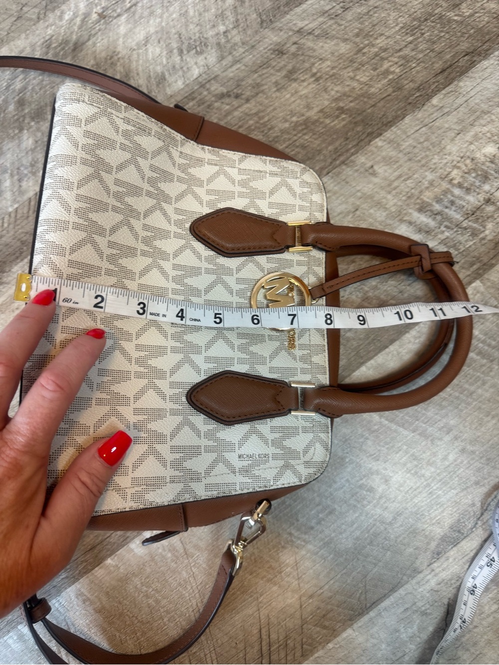 Michael Kors Cream MK Logo Clutch with Brown Leather Trim and shoulder strap - Picture 12 of 15